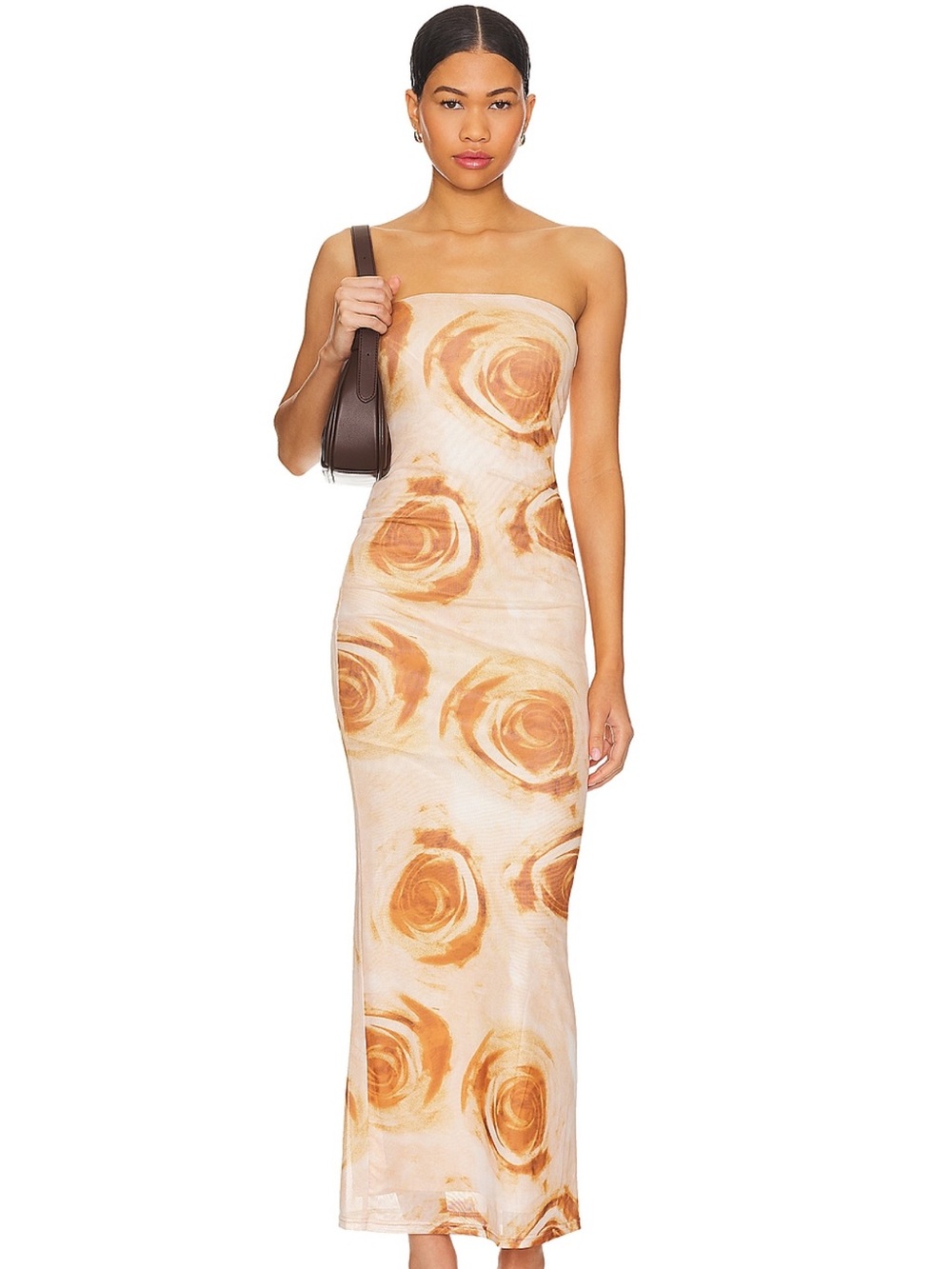 superdown Strapless Rose-Print Column Dress in Cream and Tan